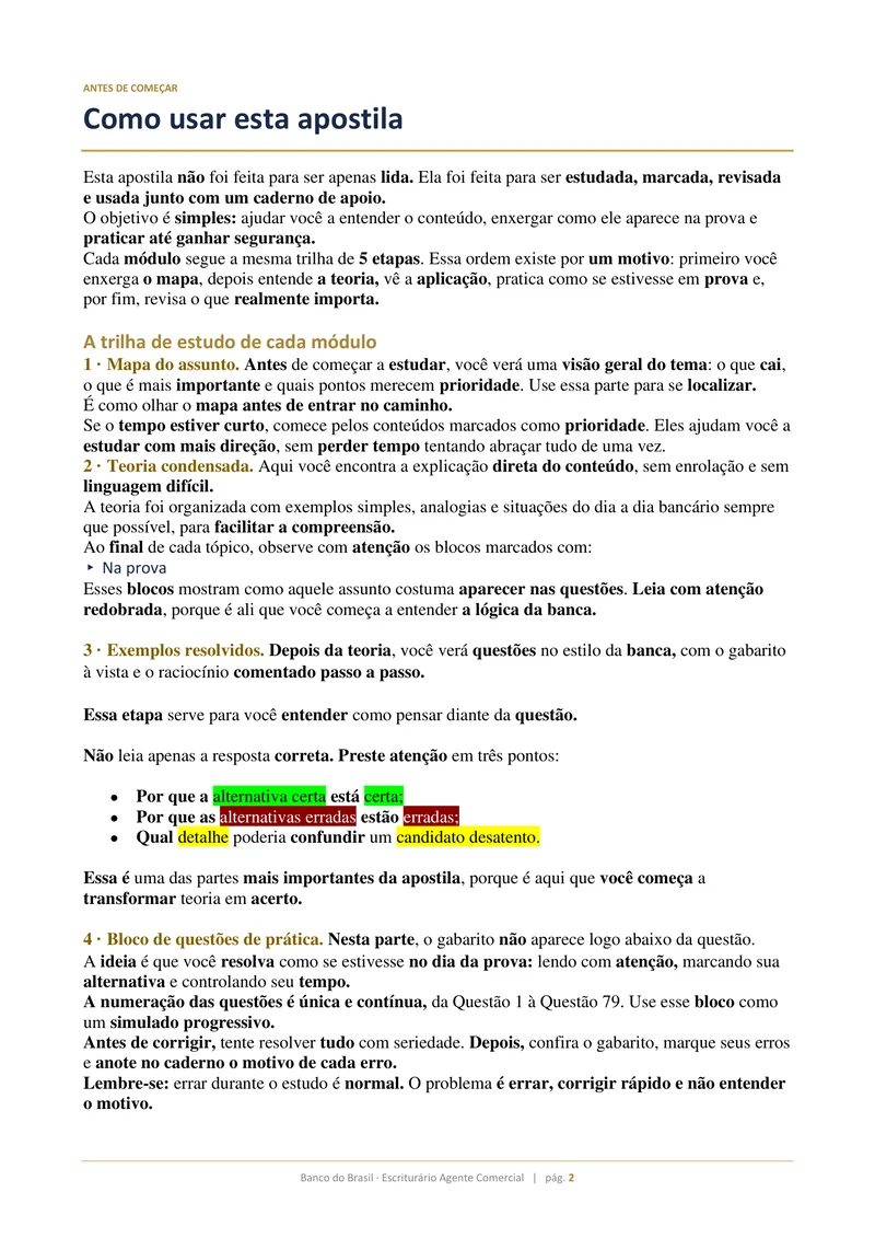Página interna da apostila Banco do Brasil com teoria e exercícios